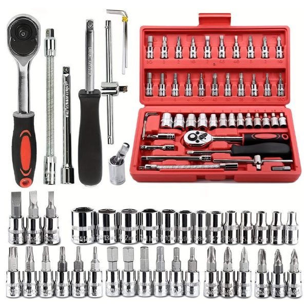 46-piece Professional Socket Wrench Tool Set With Ratchet Handle, Sockets, Screwdriver