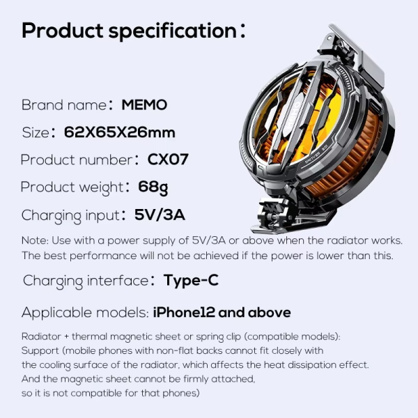 Memo Cx07 Mobile Phone Magnetic – Cooling Fan Radiator Cool Heat Absorber For Ios Iphone Android